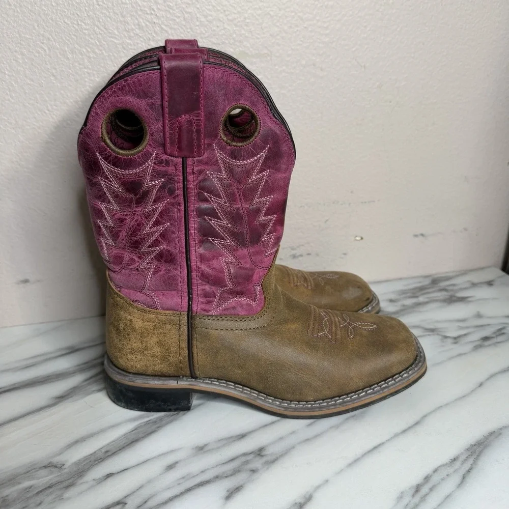 Shyanne Girls Pink & Brown Leather Western Boots Size 3 Cowgirl Boho Ranch Rodeo
